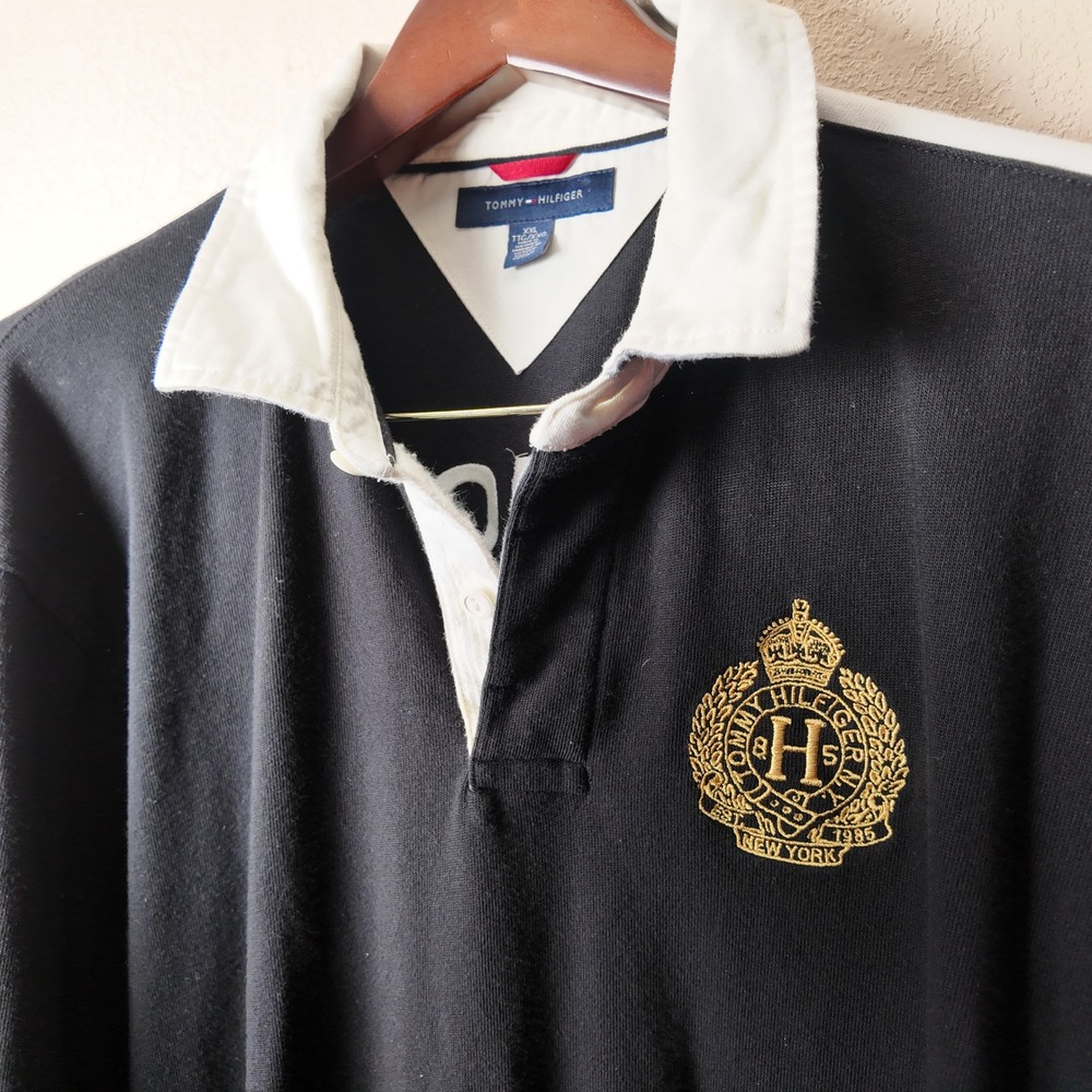Tommy Hilfiger Mens XXL Black Rugby Shirt Long Sleeve Crest Logo Spellout Top